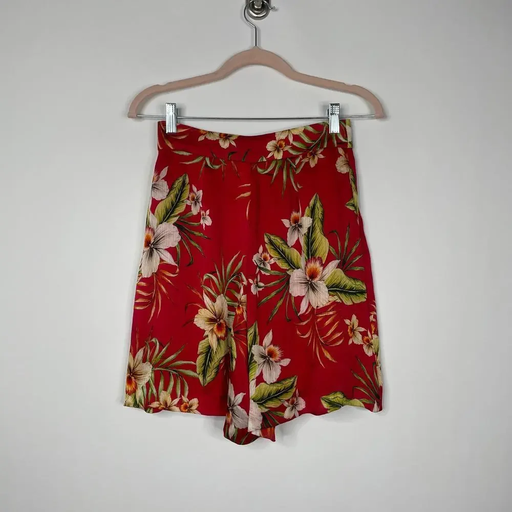 2/$30 ZARA High Rise Short XS Red Hawaiian Tropical Floral Pockets Zip-Fly #5663